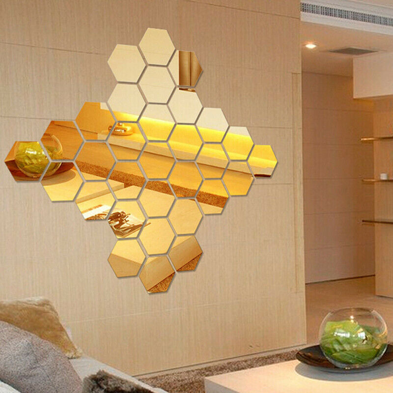 SET X12 UNIDADES DE ESPEJOS DECORATIVOS HEXAGONALES 18CM