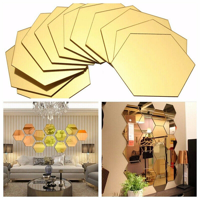 SET X12 UNIDADES DE ESPEJOS DECORATIVOS HEXAGONALES 18CM