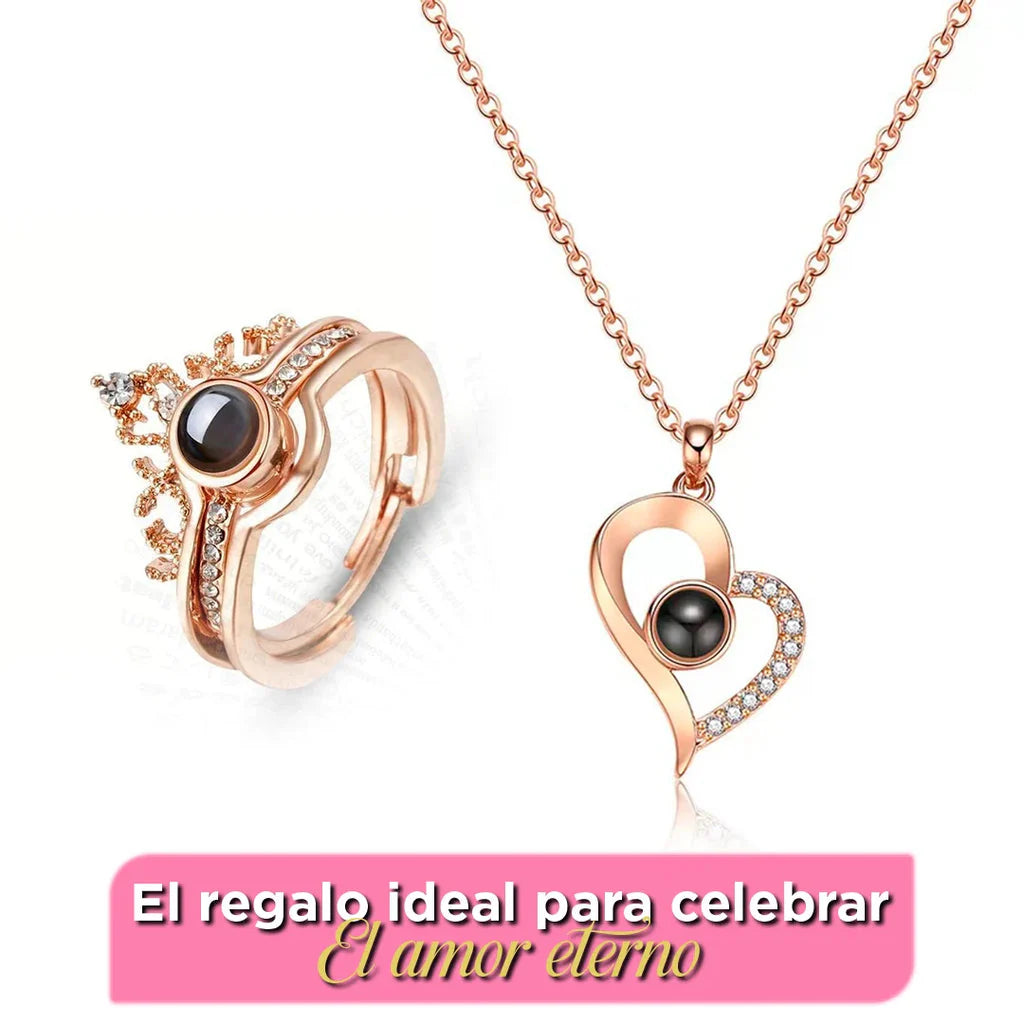 DÚO AMOR INFINITO – COLLAR Y ANILLO QUE DECLARAN TU AMOR EN 100 IDIOMAS + CAJA REGALO