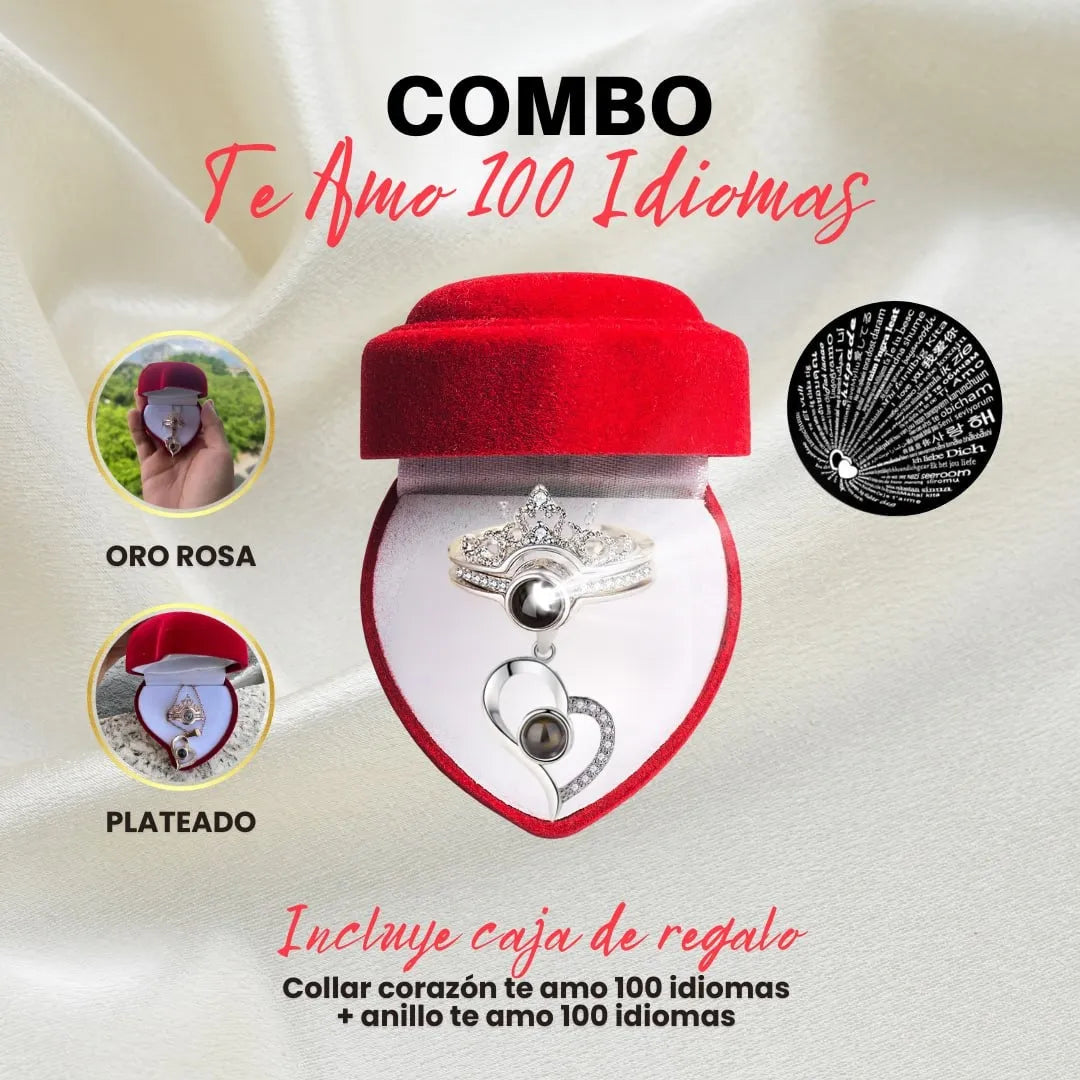 DÚO AMOR INFINITO – COLLAR Y ANILLO QUE DECLARAN TU AMOR EN 100 IDIOMAS + CAJA REGALO
