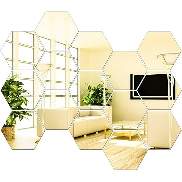SET X12 UNIDADES DE ESPEJOS DECORATIVOS HEXAGONALES 18CM