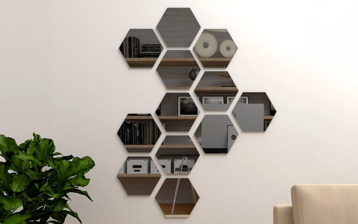 SET X12 UNIDADES DE ESPEJOS DECORATIVOS HEXAGONALES 18CM