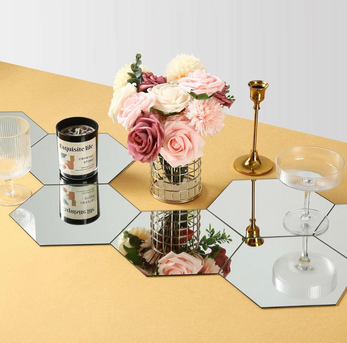 SET X12 UNIDADES DE ESPEJOS DECORATIVOS HEXAGONALES 18CM