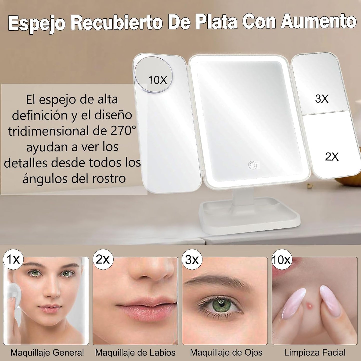 ESPEJO LED TRIPLE PARA MAQUILLAJE