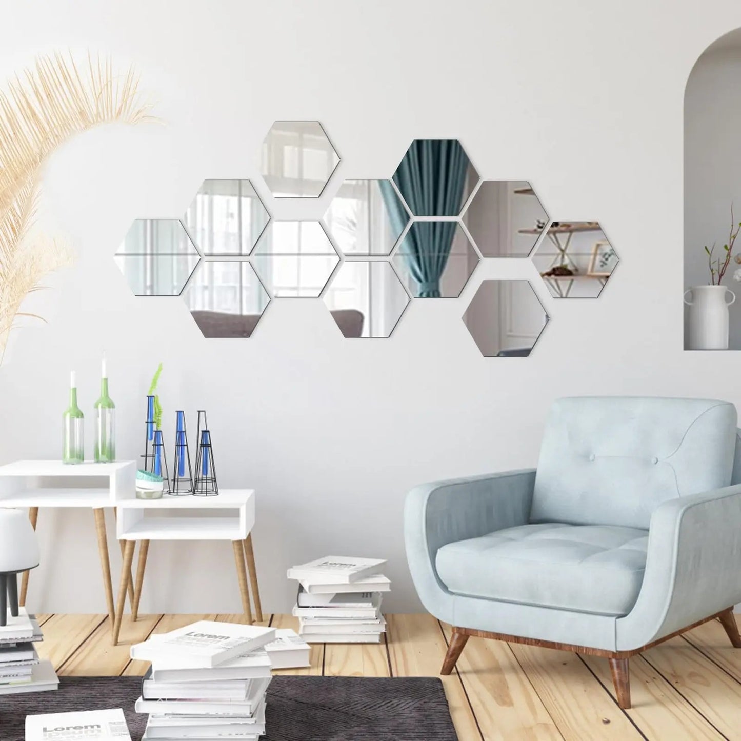 SET X12 UNIDADES DE ESPEJOS DECORATIVOS HEXAGONALES 18CM