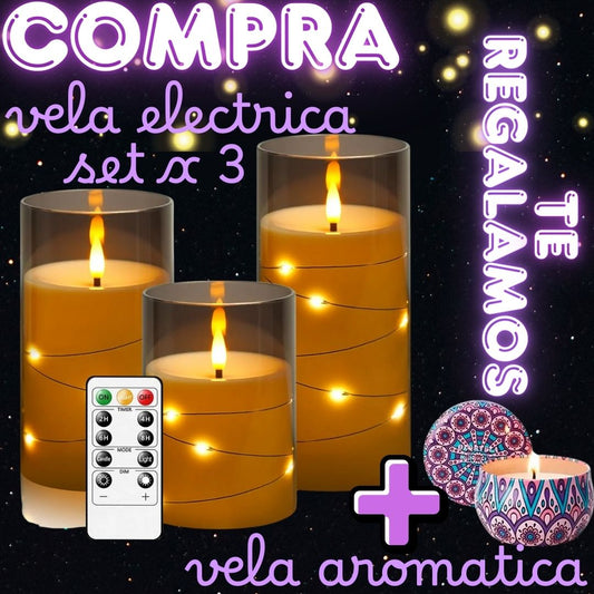 SET X3 UNIDADES DE VELAS LED COLOR NEGRO + VELA AROMÁTICA GRATIS