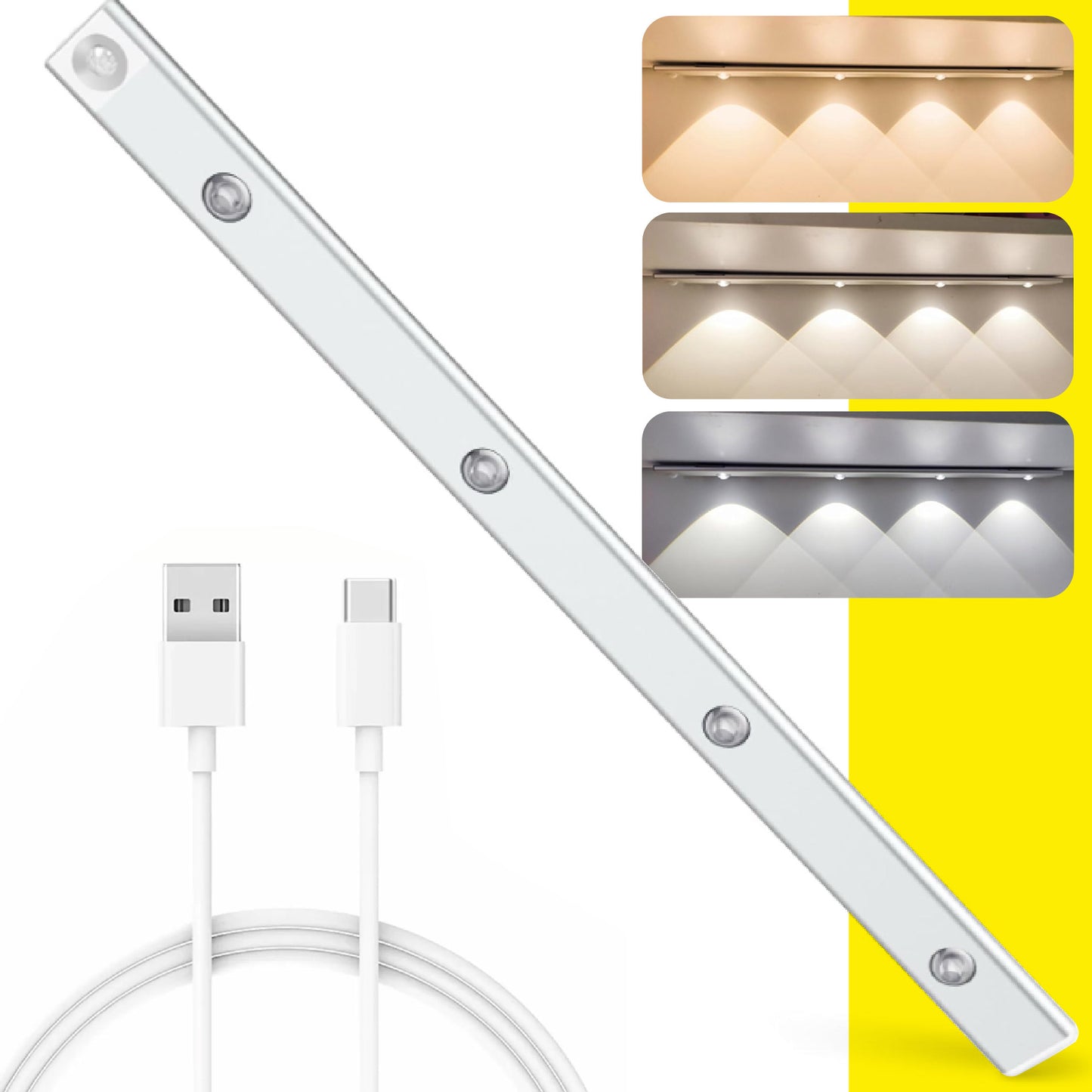 BARRA DE LUZ LED CON SENSOR DE MOVIMIENTO, 3 TONOS DE ILUMINACIÓN 60 CM