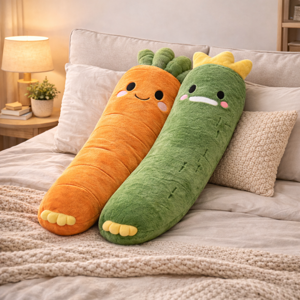 ALMOHADA LARGA DE PEPINO Y DE ZANAHORIA