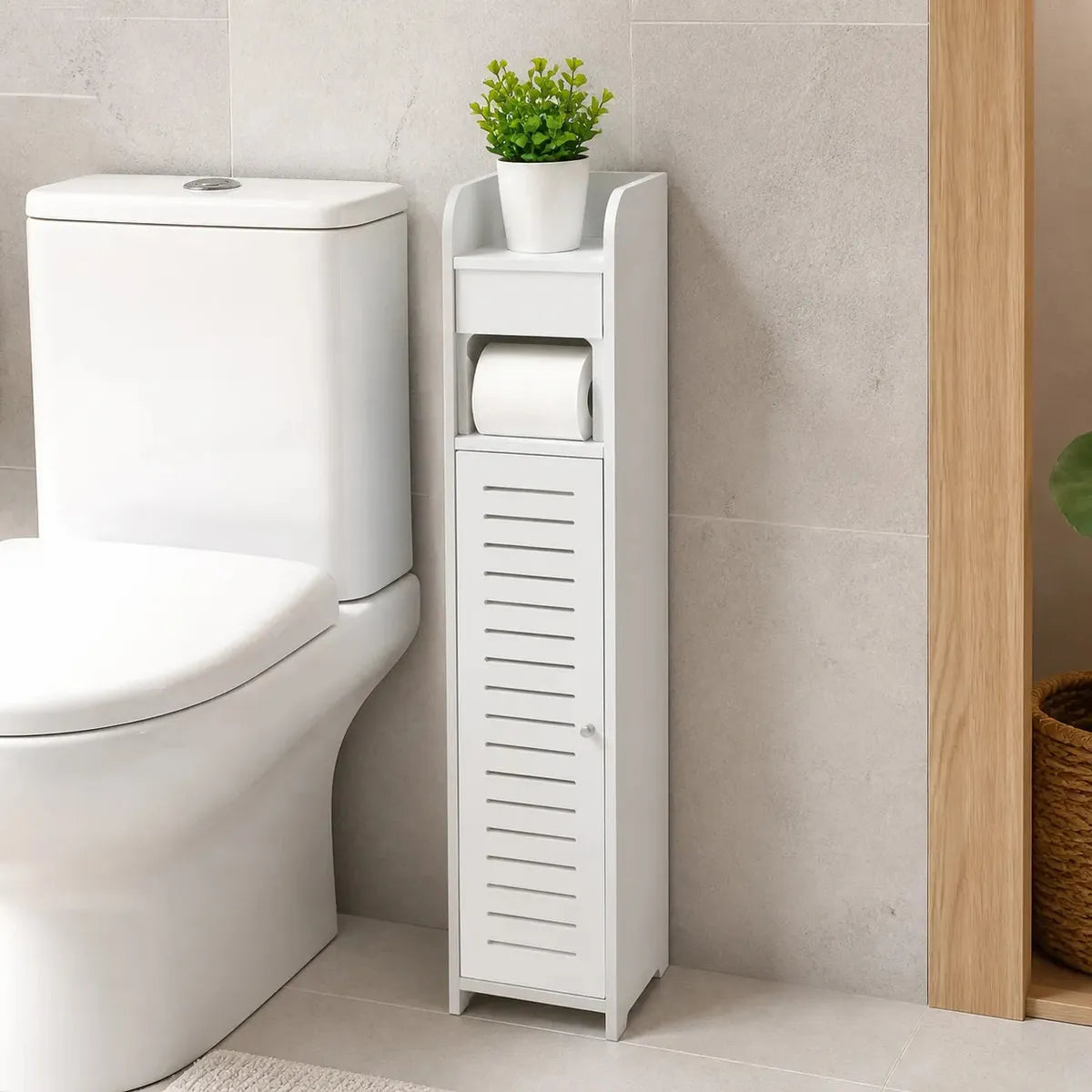 ESTANTE PARA BAÑO CON PUERTA Y PORTAROLLOS