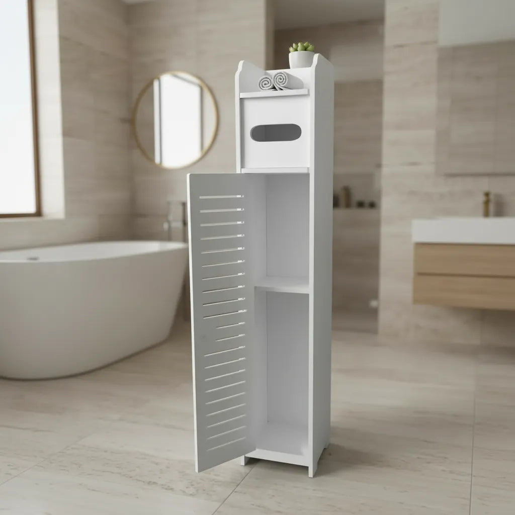 ESTANTE PARA BAÑO CON PUERTA Y PORTAROLLOS