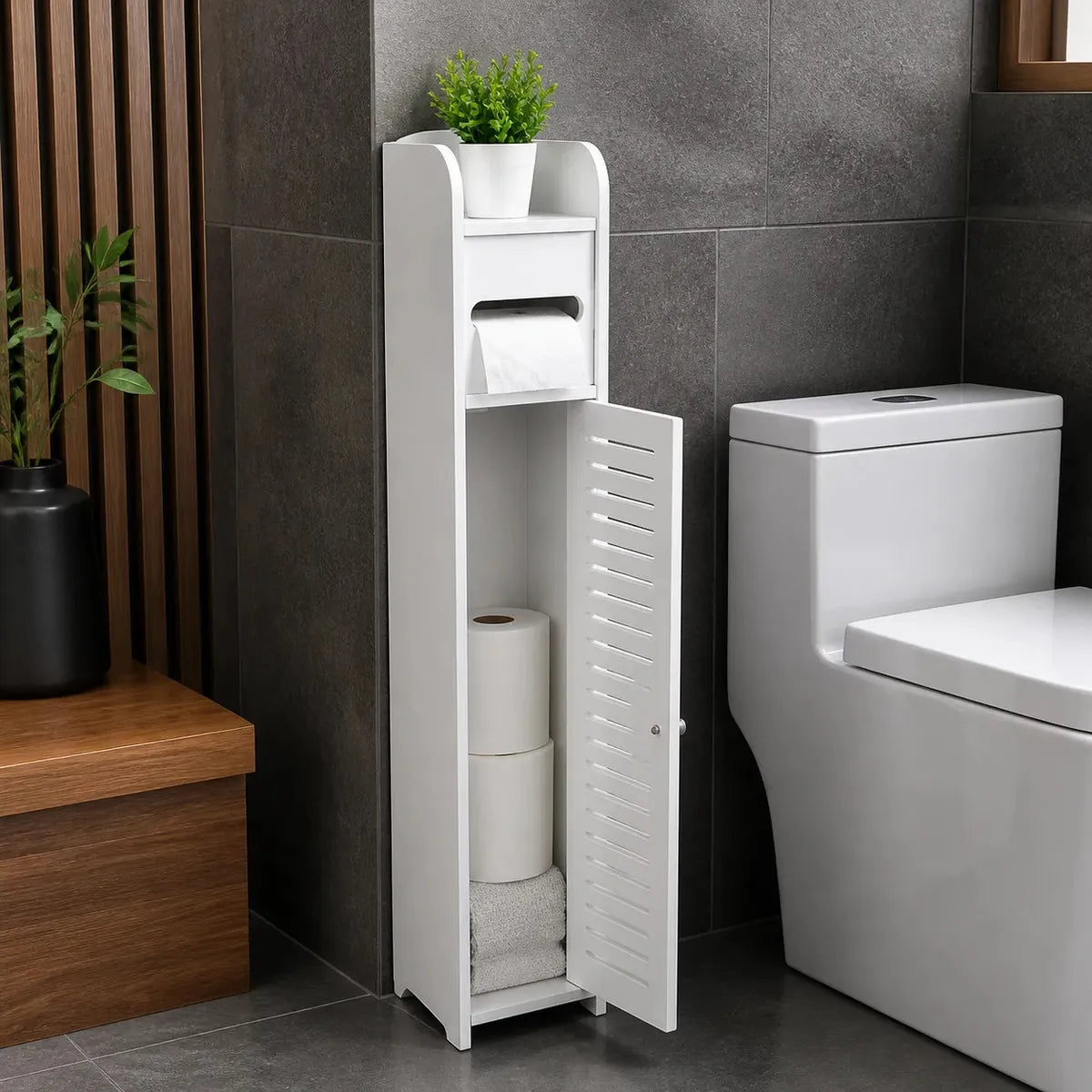 ESTANTE PARA BAÑO CON PUERTA Y PORTAROLLOS