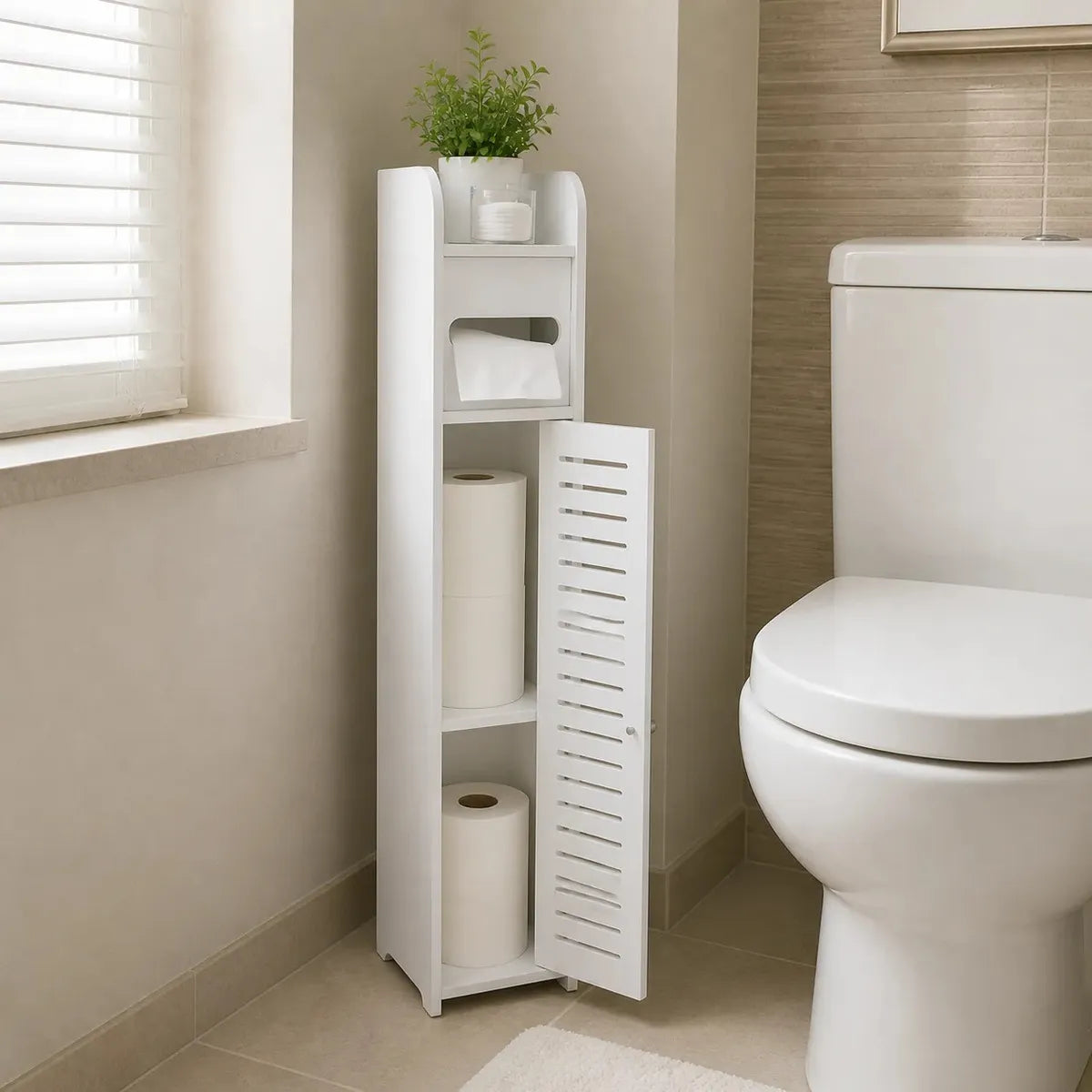 ESTANTE PARA BAÑO CON PUERTA Y PORTAROLLOS